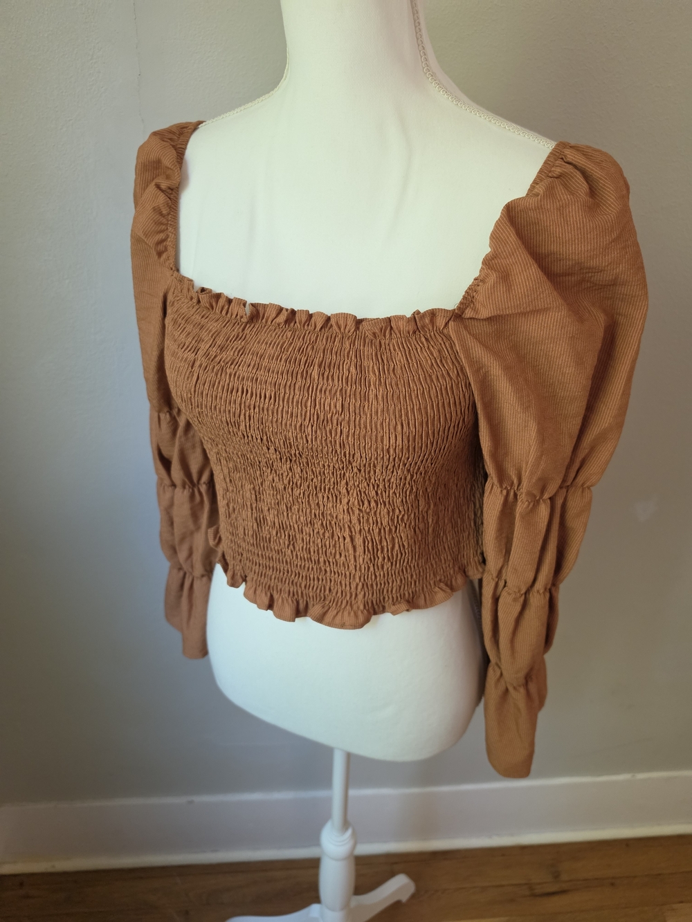 Smocked Square-Neck Crop Top in Caramel - Picture 8 of 9